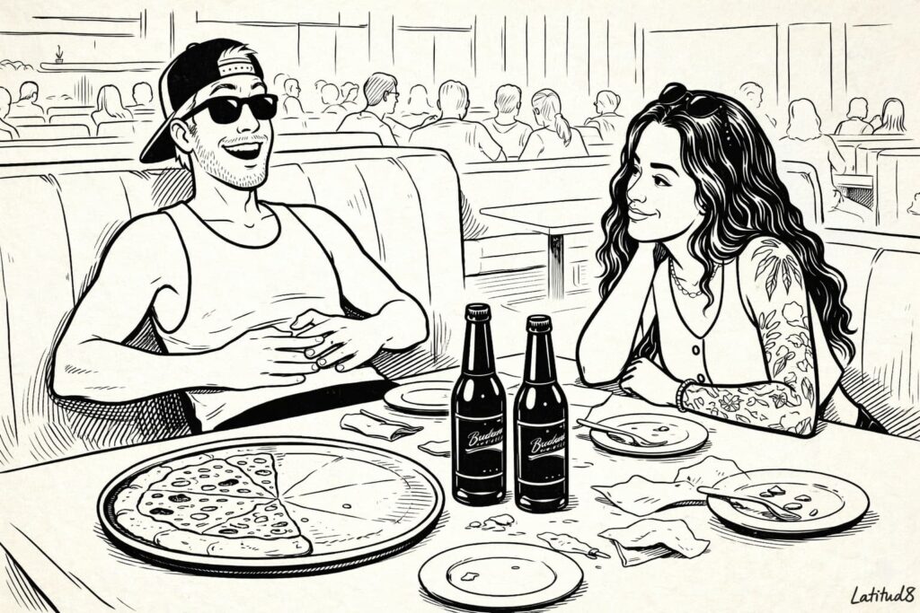 Keith and Steffany at Two Brothers pizza rodízio in Fortaleza, empty Budweiser bottles on the table, both full.