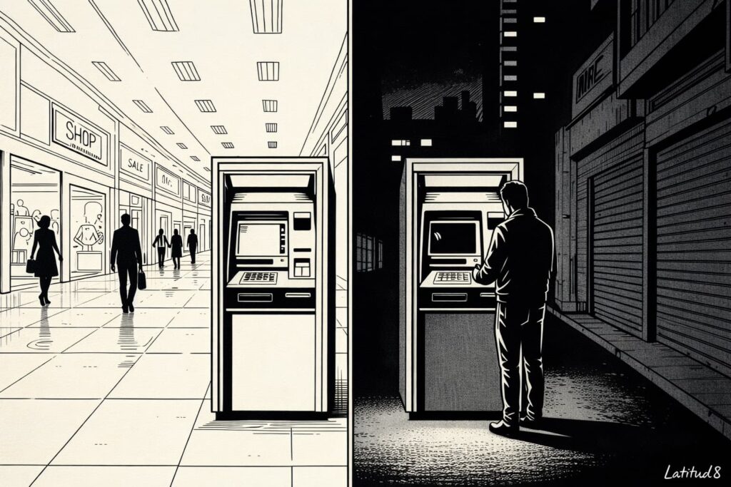 Split illustration — ATM inside bright Fortaleza shopping centre versus ATM alone on a dark street at night.