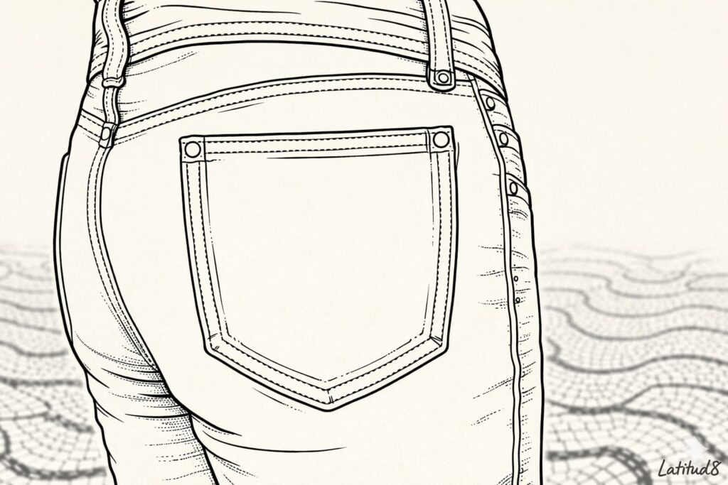 Close-up of an empty back jeans pocket on a Fortaleza street — exposed, accessible, an obvious target.