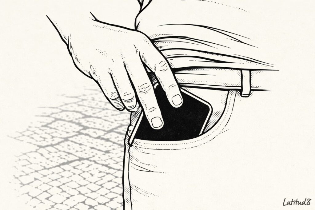 A hand sliding a phone into a front trouser pocket on a Fortaleza street — deliberate and automatic.