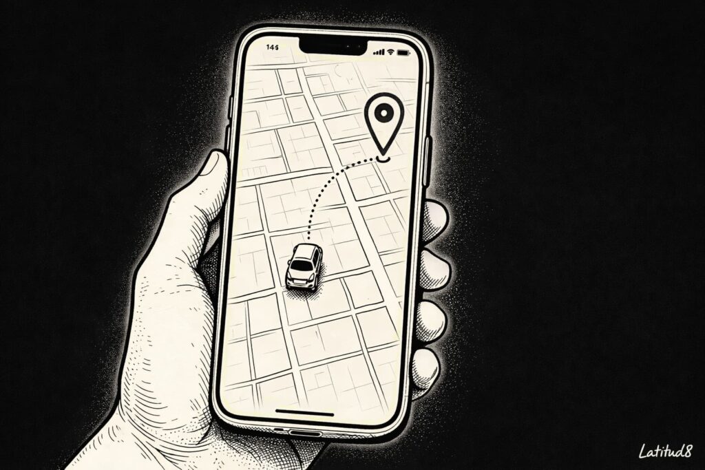Phone screen showing Uber car approaching on a Fortaleza map at night — the right call already made.