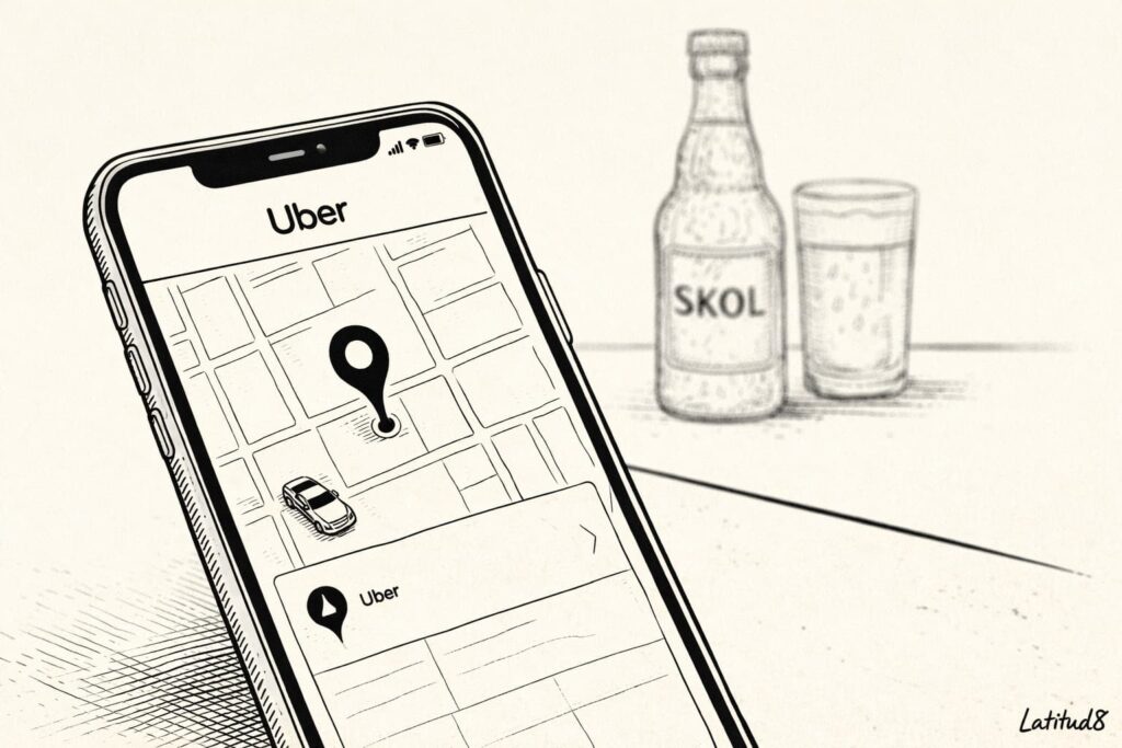 Phone screen with Uber app open, destination pinned and car assigned — sorted before the night begins.