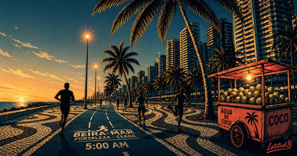 Wide view of Fortaleza's Beira-Mar promenade at early morning — running track, palm trees, high-rise towers behind, figures on the path.