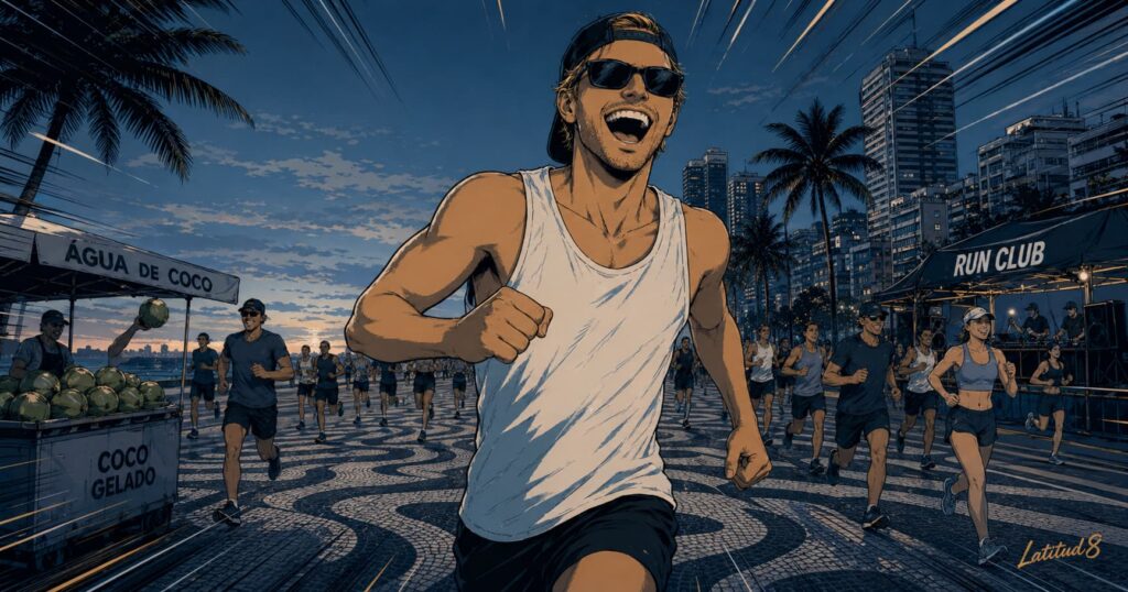 Keith running along Fortaleza's Beira-Mar promenade at dawn, hundreds of other runners around him, palm trees and towers behind.