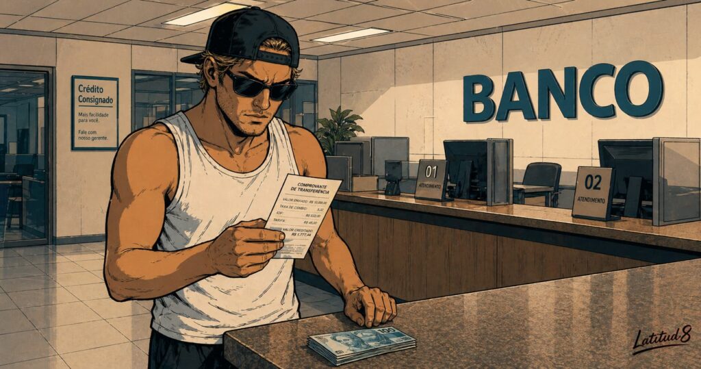 Keith at a bank counter in Fortaleza holding a transfer receipt, looking at it with quiet resigned dismay, a small stack of reais on the counter.