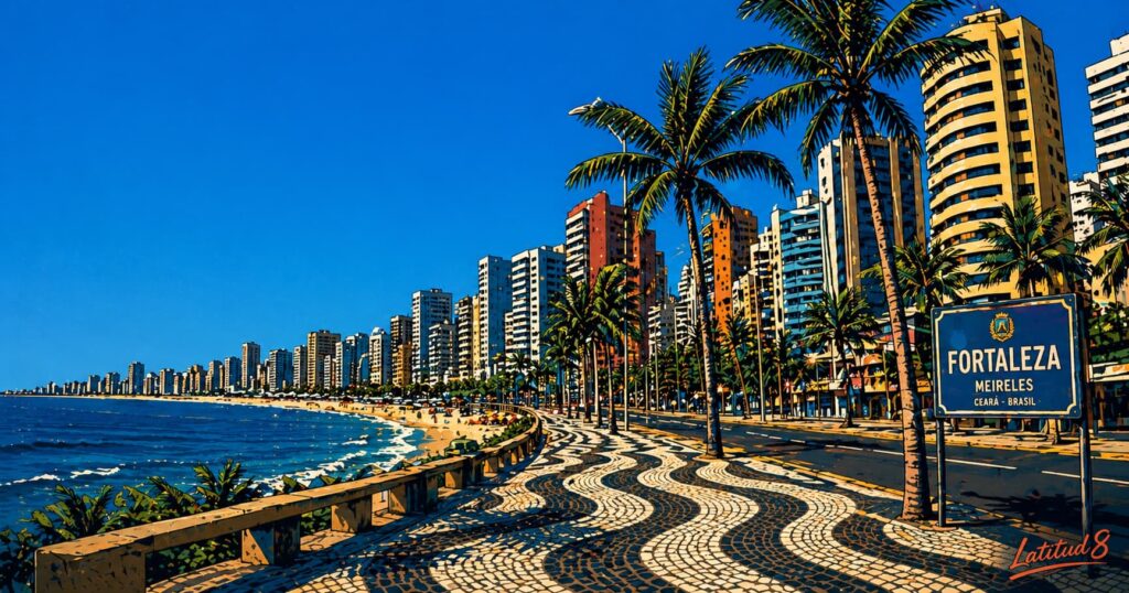 Wide view of Fortaleza's coastal neighbourhoods from above — Meireles beachfront towers, Aldeota streets, Iracema and Cocó in the distance.