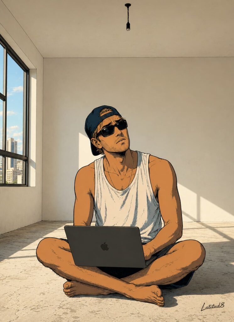 Keith sitting cross-legged on an empty apartment floor with a laptop, staring at bare walls, expression of dry realisation.