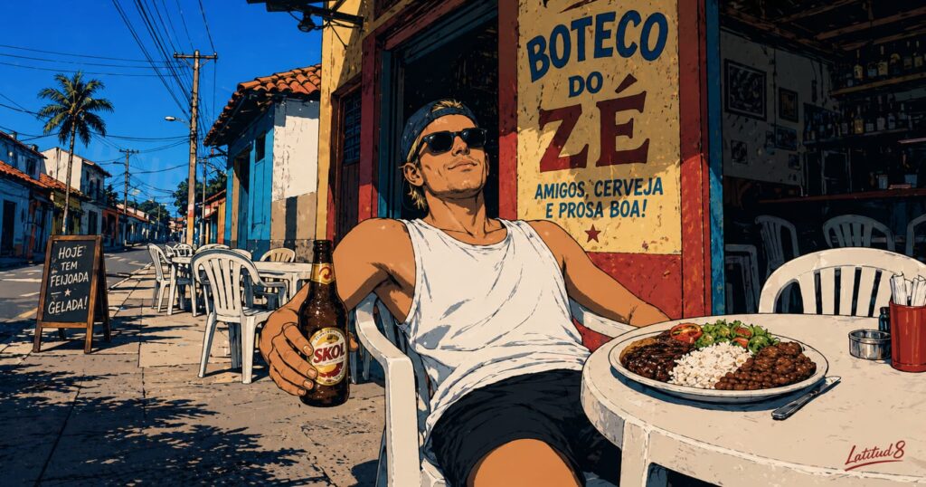 Keith at a plastic table outside a neighbourhood boteco in Fortaleza, Skol in hand, prato feito plate in front of him, leaning back in quiet satisfaction.