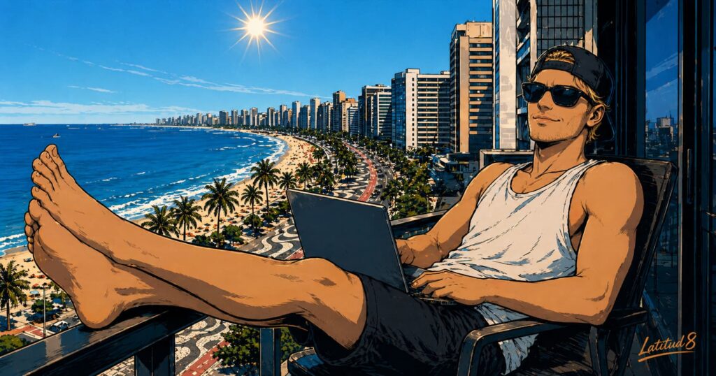 Keith on a high-floor Meireles beachfront balcony, laptop open, feet on the railing, Beira-Mar promenade and ocean below.