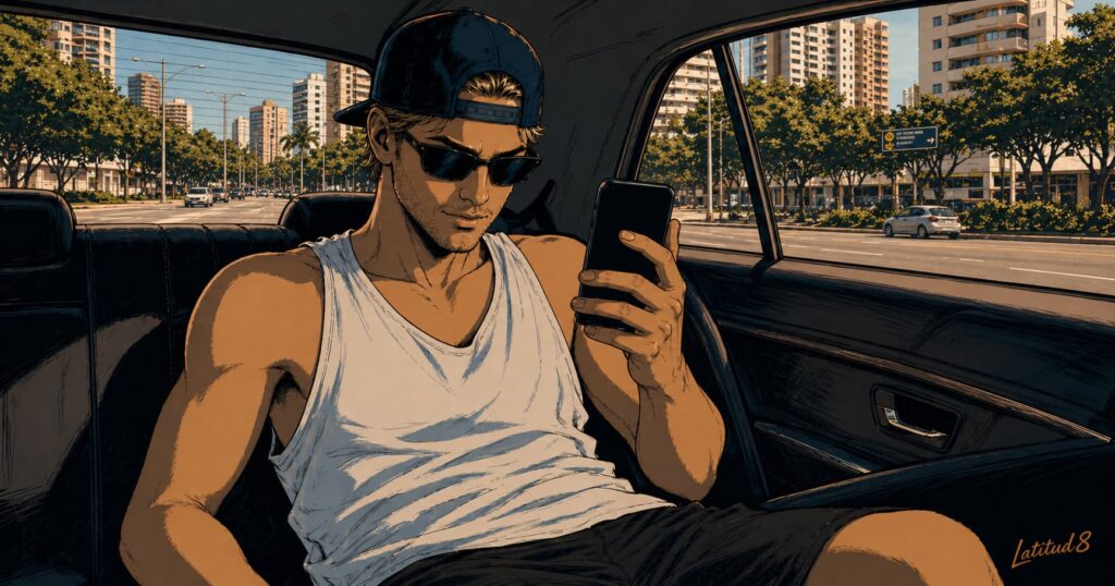 Keith in the back of an Uber in Fortaleza, staring at his phone with a quietly smug expression, the city passing outside the window.