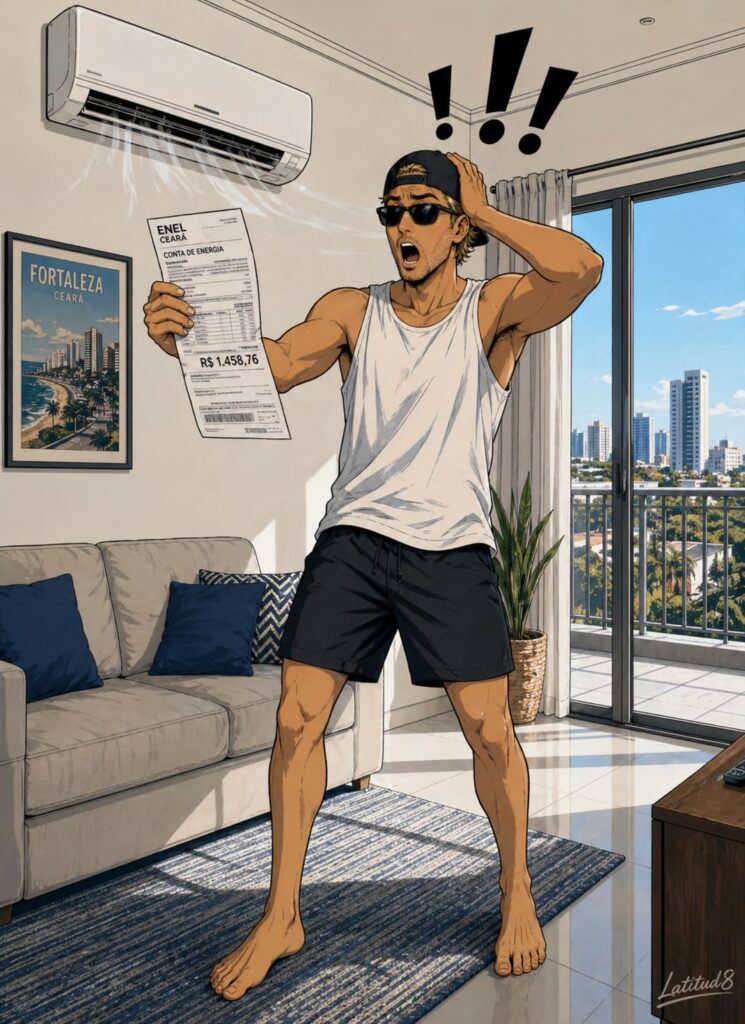 Keith standing beside a wall-mounted air conditioner in a Fortaleza apartment, holding an electricity bill, expression of theatrical wide-eyed shock.