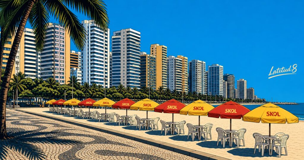 Meireles beachfront in Fortaleza at midday, Skol beach umbrellas in rows on the sand, city high-rise skyline rising behind.