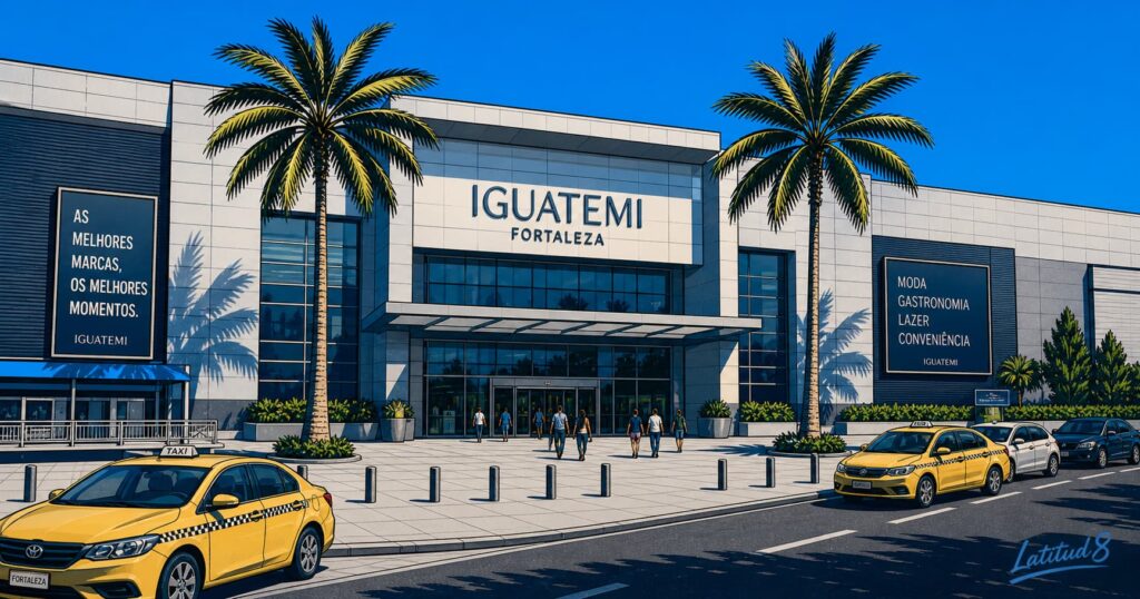 The exterior of Shopping Iguatemi Fortaleza on a bright day, wide entrance forecourt, palm trees, cars and taxis at the kerb.
