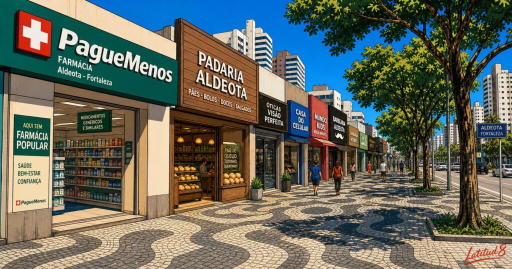 A wide commercial street in Aldeota, Fortaleza, with a pharmacy, padaria, and local shops on a broad shaded pavement, mid-morning.