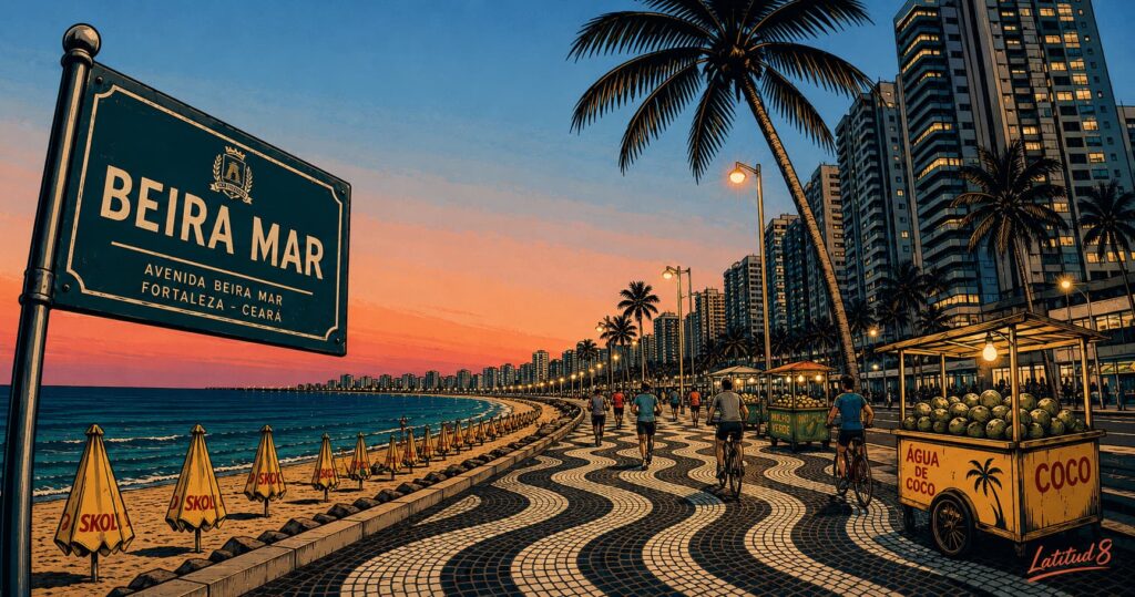 The Beira Mar beachfront in Fortaleza at early evening, the sky shifting to orange and pink at the horizon, the promenade coming to life.
