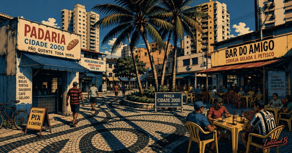 A neighbourhood square in Cidade 2000, Fortaleza, with a small plaza, local bar terraces, and palm trees, late afternoon sun.