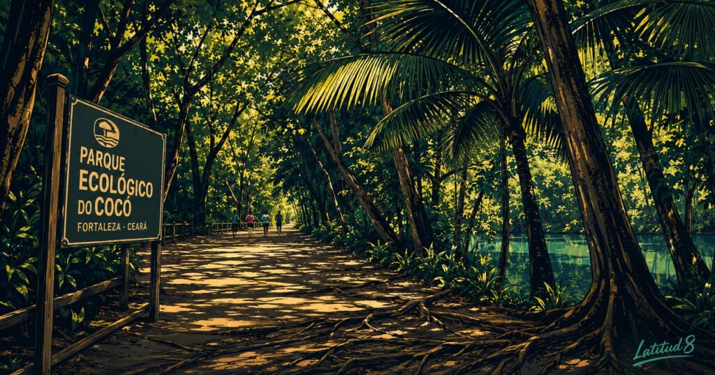 A shaded path inside Parque Ecológico do Cocó, Fortaleza, with a lagoon visible through dense tropical tree canopy, morning light filtering through.