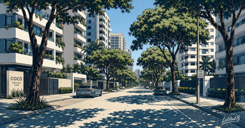 A wide shaded residential street in Cocó, Fortaleza, lined with mature trees and modern apartment buildings, quiet and unhurried.