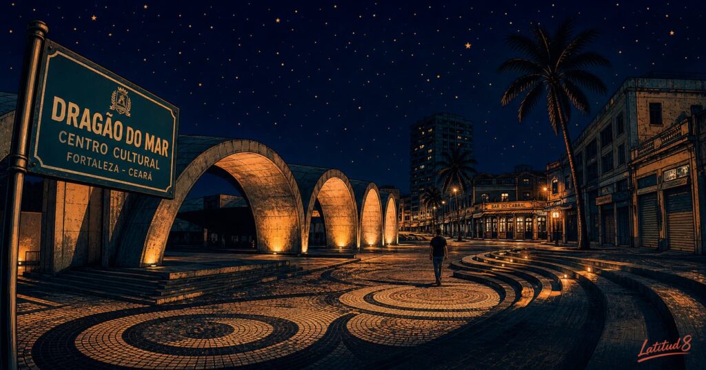 Dragão do Mar cultural centre in Fortaleza at night, the amphitheatre and arched walkways lit in warm light, the surrounding streets quiet.