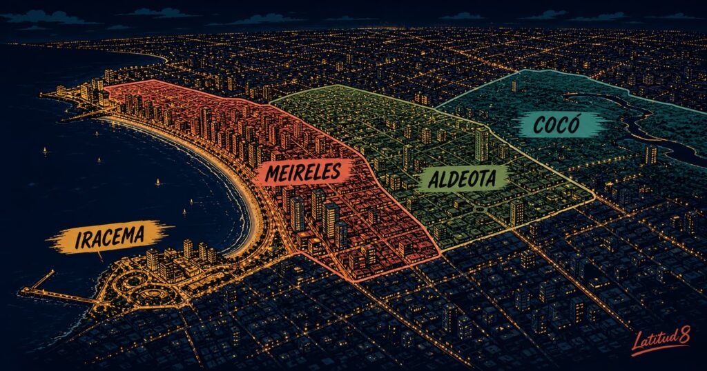 Aerial night graphic view over coastal Fortaleza showing four glowing neighbourhood zones — Meireles, Aldeota, Iracema, and Cocó.