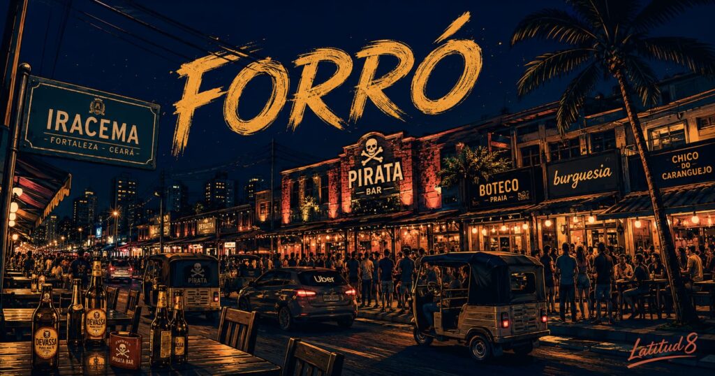 The Iracema nightlife strip in Fortaleza at night, bars lit up with warm light, music notes floating above, people outside on the pavement.