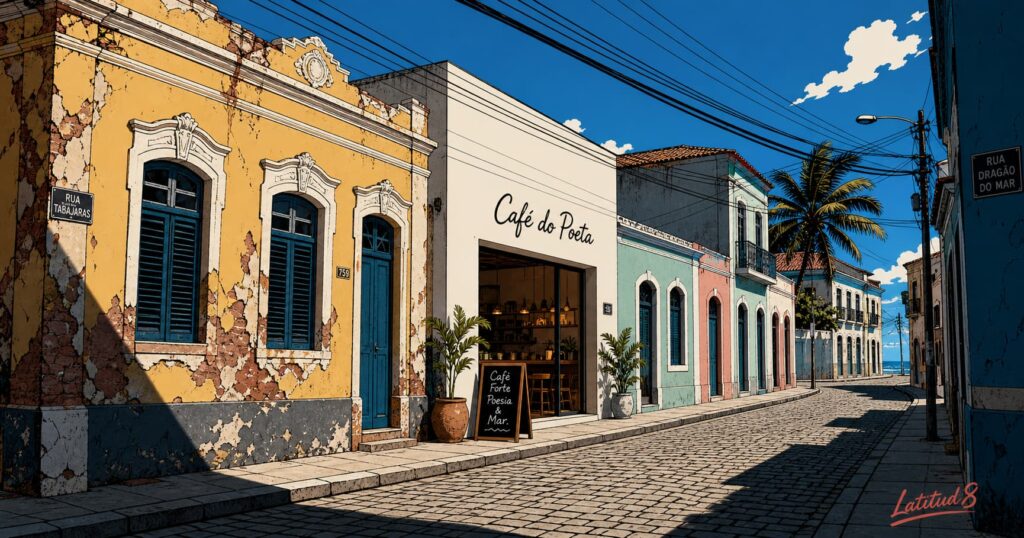 A narrow Iracema street in Fortaleza with pastel colonial buildings and a newer café beside them, overhead cables crossing, morning light.