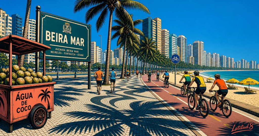 The Beira Mar promenade in Meireles on a Sunday morning, cyclists and runners along the wide palm-lined walkway, Fortaleza skyline behind.