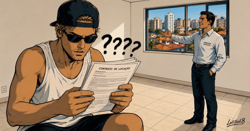 Keith standing in a bare Fortaleza apartment holding a rental contract with an expression of confusion, a real estate agent gesturing in the background.