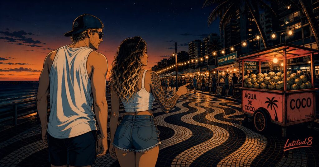 Keith and Steffany arriving at the Beira Mar waterfront at dusk, the Fortaleza sky going dark behind them, market stalls lit ahead.