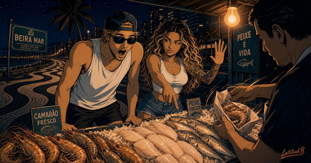 Keith and Steffany at a Beira Mar market stall at night, a vendor wrapping fresh prawns as Keith watches with wide eyes.