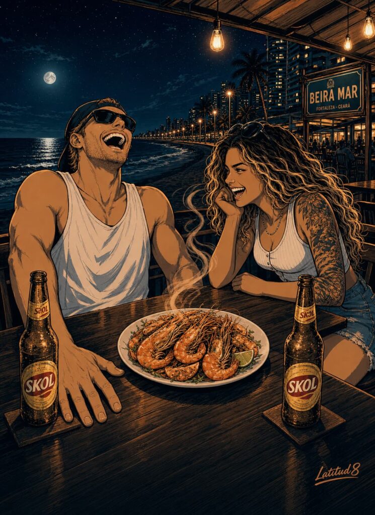 Keith and Steffany at an outdoor Beira Mar restaurant table at night, prawns on the plate, two cold Skol bottles on the table, moonlight behind.