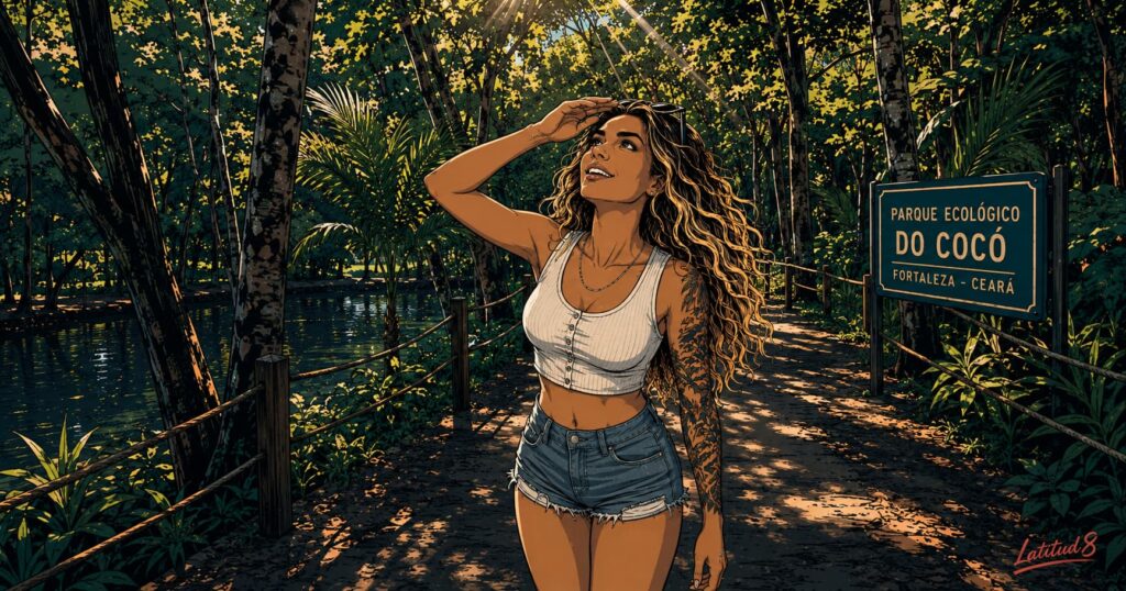 Steffany walking along a shaded path in Parque Ecológico do Cocó, looking up at the tree canopy, a lagoon visible through the trees beside her.