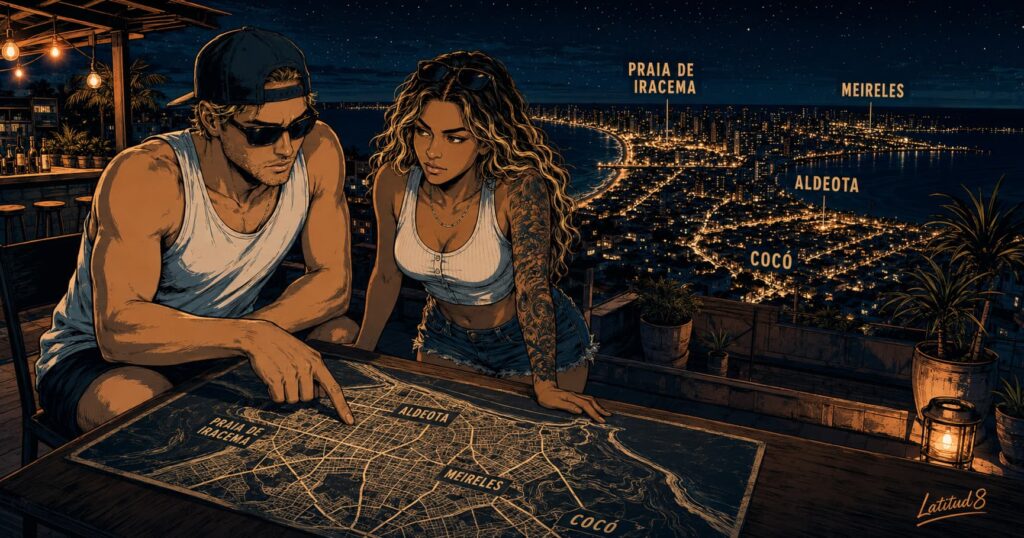 Keith and Steffany on a Fortaleza rooftop at night, the four neighbourhood zones lit up behind them, a map spread on the table between them.