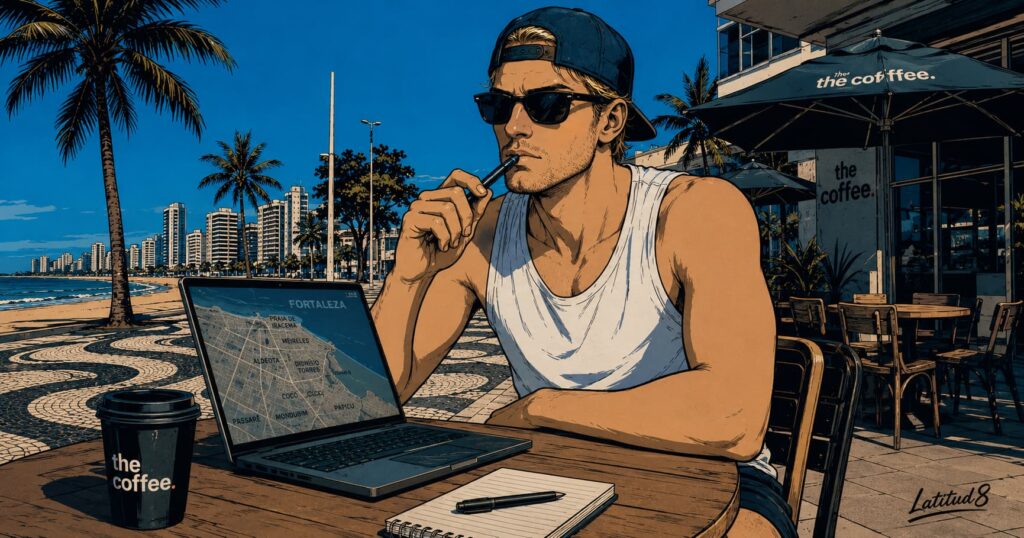 Keith sitting at an outdoor Fortaleza café table with a cafezinho, laptop open, pen in hand, looking into the middle distance thinking.