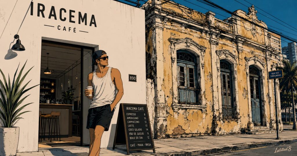 Keith standing outside a new Iracema café holding a coffee, looking up at the crumbling ornate facade of the older building directly beside it.