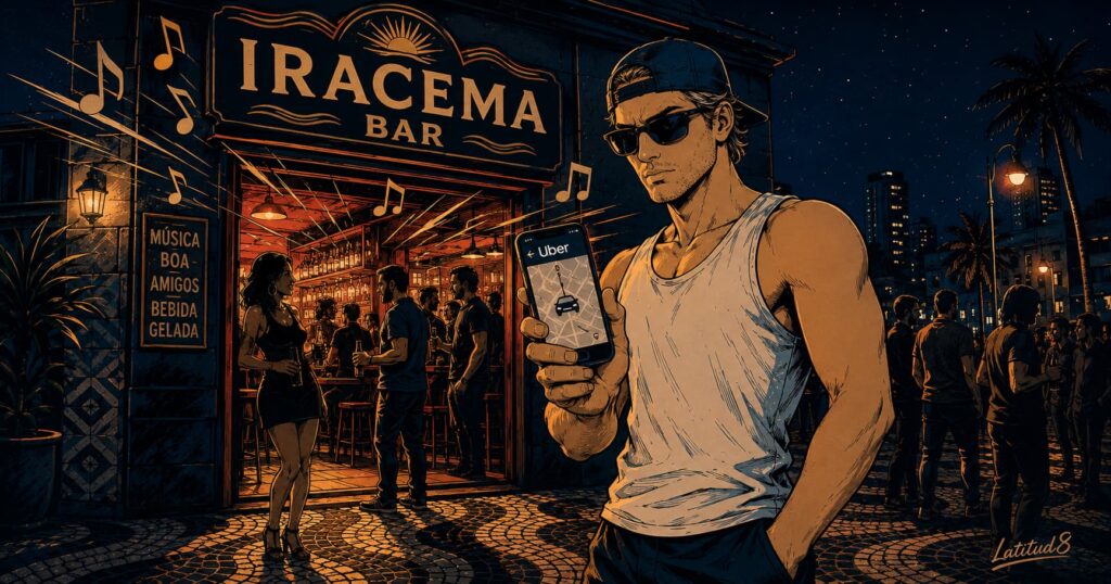 Keith standing outside a busy Iracema bar at night, opening the Uber app on his phone, warm bar light spilling onto the pavement behind him.