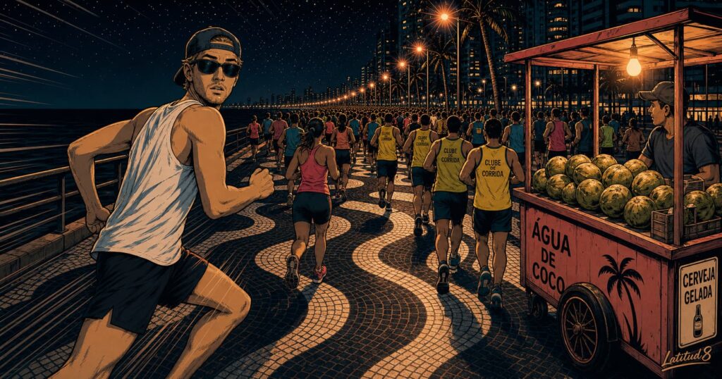 Keith running along the Beira Mar promenade before dawn, passing a coconut vendor, a crowd of other runners stretching into the dark ahead.