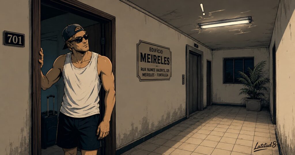 Keith standing in a Meireles apartment doorway looking up at a flickering overhead light, luggage behind him, expression of resigned evaluation