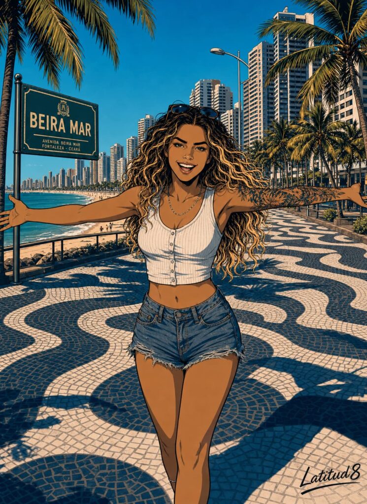 Steffany standing on the Beira Mar promenade in morning light, arms open wide, the Fortaleza skyline and blue ocean stretching behind her.