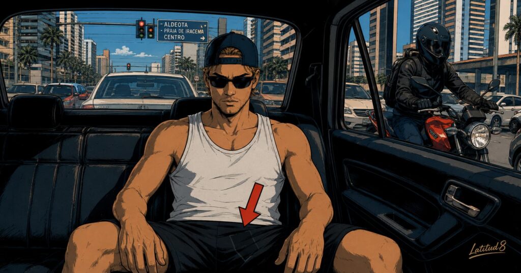 Keith in the back of a car in Fortaleza traffic, phone firmly in his pocket, window closed, looking straight ahead with deliberate calm.