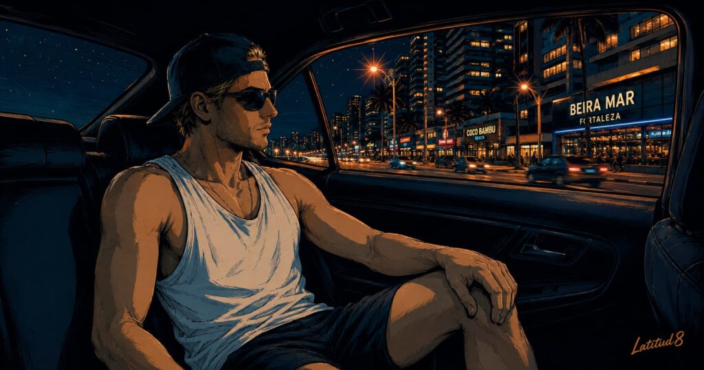 Keith sitting in the back of an Uber at night in Fortaleza, phone put away, looking relaxed out the window at the lit city streets passing.