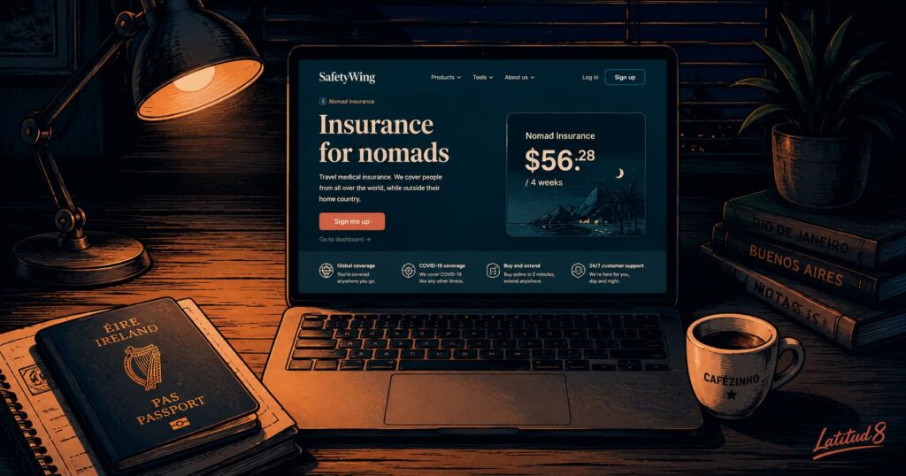A laptop showing a health insurance policy page, a passport to the left, a cafezinho to the right, everything laid out on a desk at night.