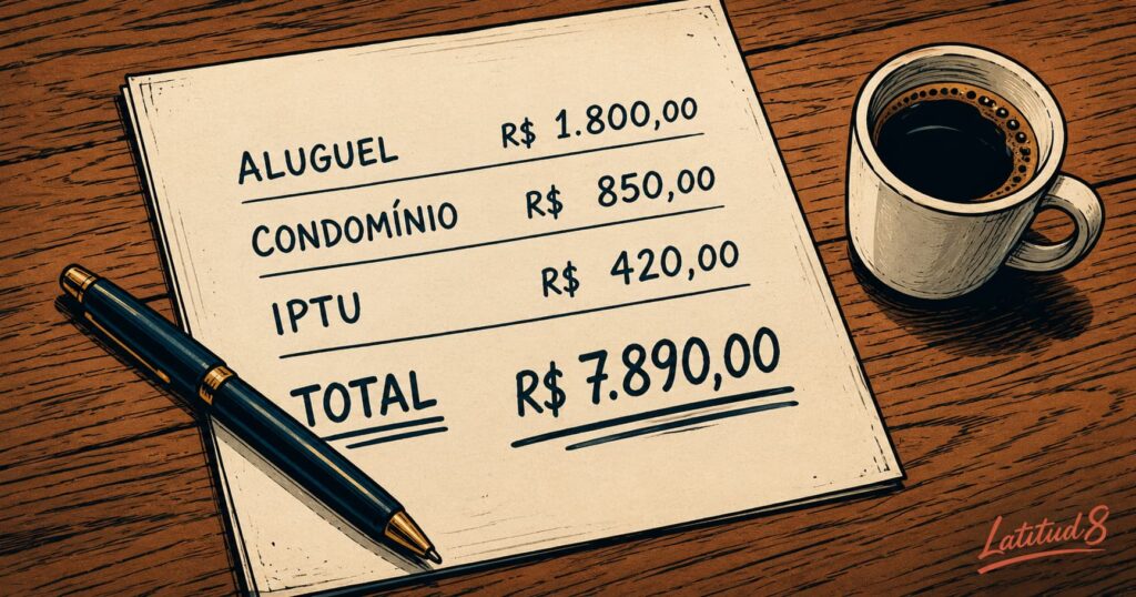 A hand-written rental cost breakdown on paper showing Aluguel, Condomínio, and IPTU line items, a pen and cafezinho to the side.