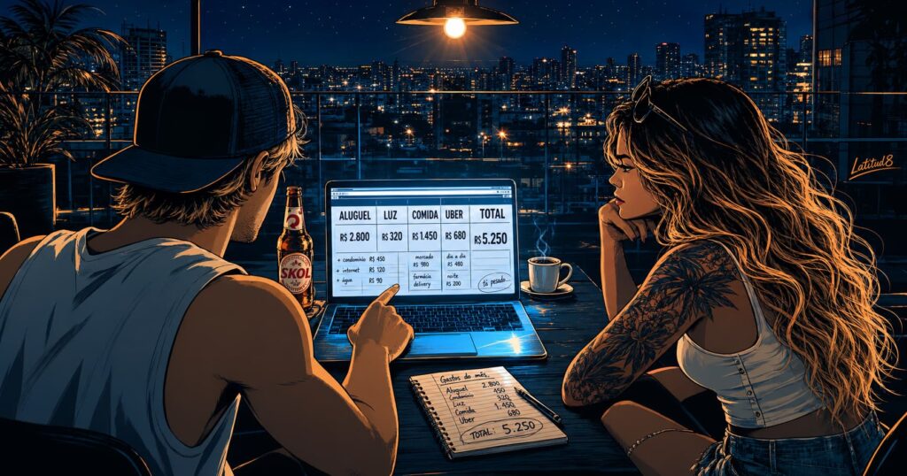 Over-the-shoulder view past Keith and Steffany toward a laptop showing budget figures on a Fortaleza rooftop table at night, Skol bottles alongside.