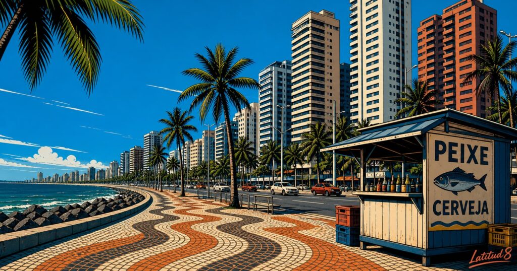 Fortaleza's Beira Mar promenade stretching along the Atlantic coast, apartment towers rising behind palm trees and the coastal avenue.