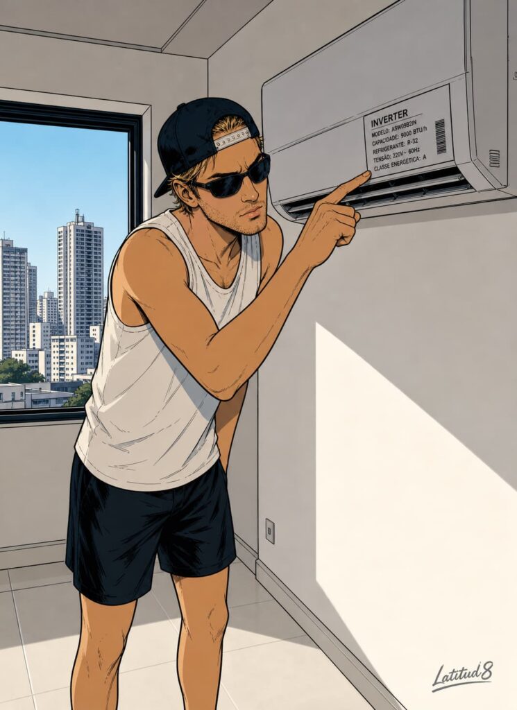 Keith standing in a Fortaleza apartment peering closely at a wall-mounted AC unit with a suspicious expression, checking the model label.