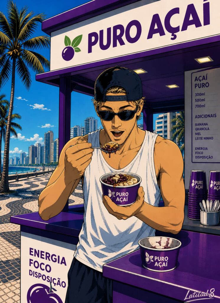Keith at a Puro Açaí kiosk in Fortaleza mid-bite, staring at the bowl with a dawning expression of understanding about why he ordered three a week.
