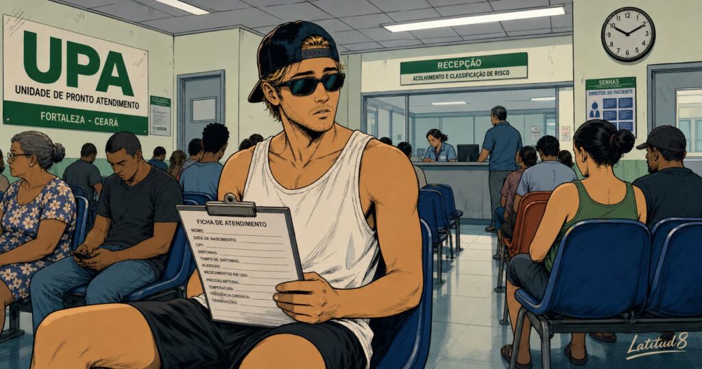 Keith sitting in a Fortaleza UPA waiting room looking around at the scene with a politely uncertain expression, clipboard in hand.
