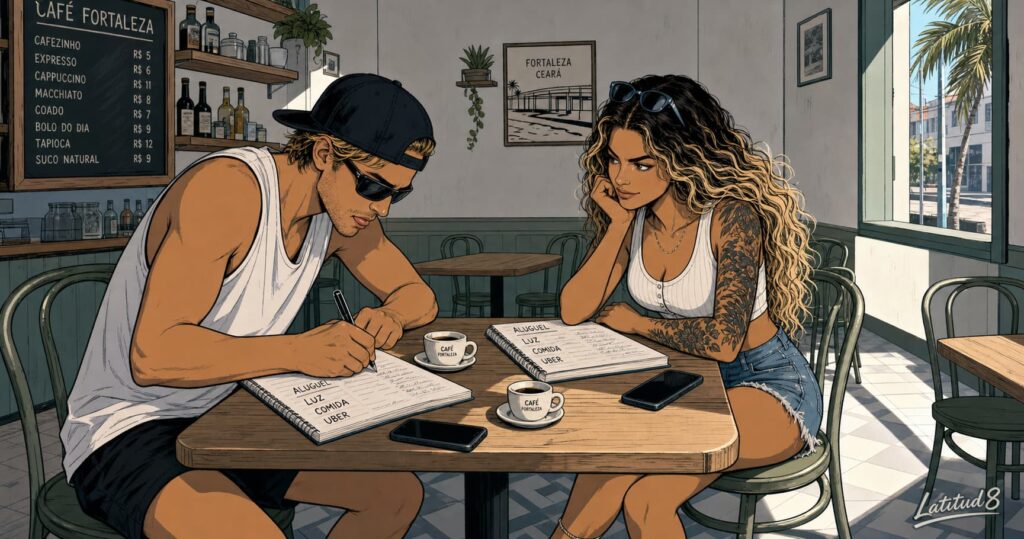 Keith and Steffany at a Fortaleza café table in daylight, open notebooks and phones on the table, mapping out a monthly budget together.
