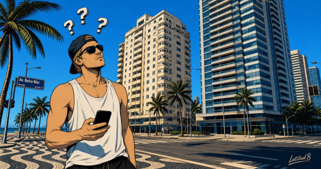 Keith standing at a Meireles street corner in Fortaleza, looking up at two apartment towers, weighing the decision on where to live.